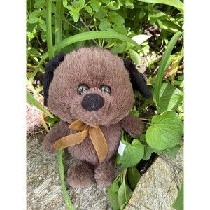 VTG Toms Toy Big Head Dog Plush Brown Black 10 inch Orange Bow Tag is creased